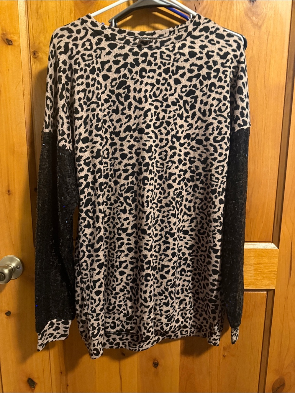 Leopard Print Long Sleeve Women’s Sweater - Black and Cream with sequin sleeves